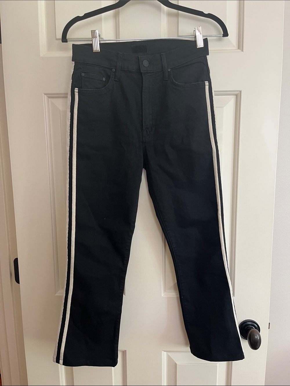 MOTHER Insider Crop Step Fray Black Jeans with Side Stripes 27